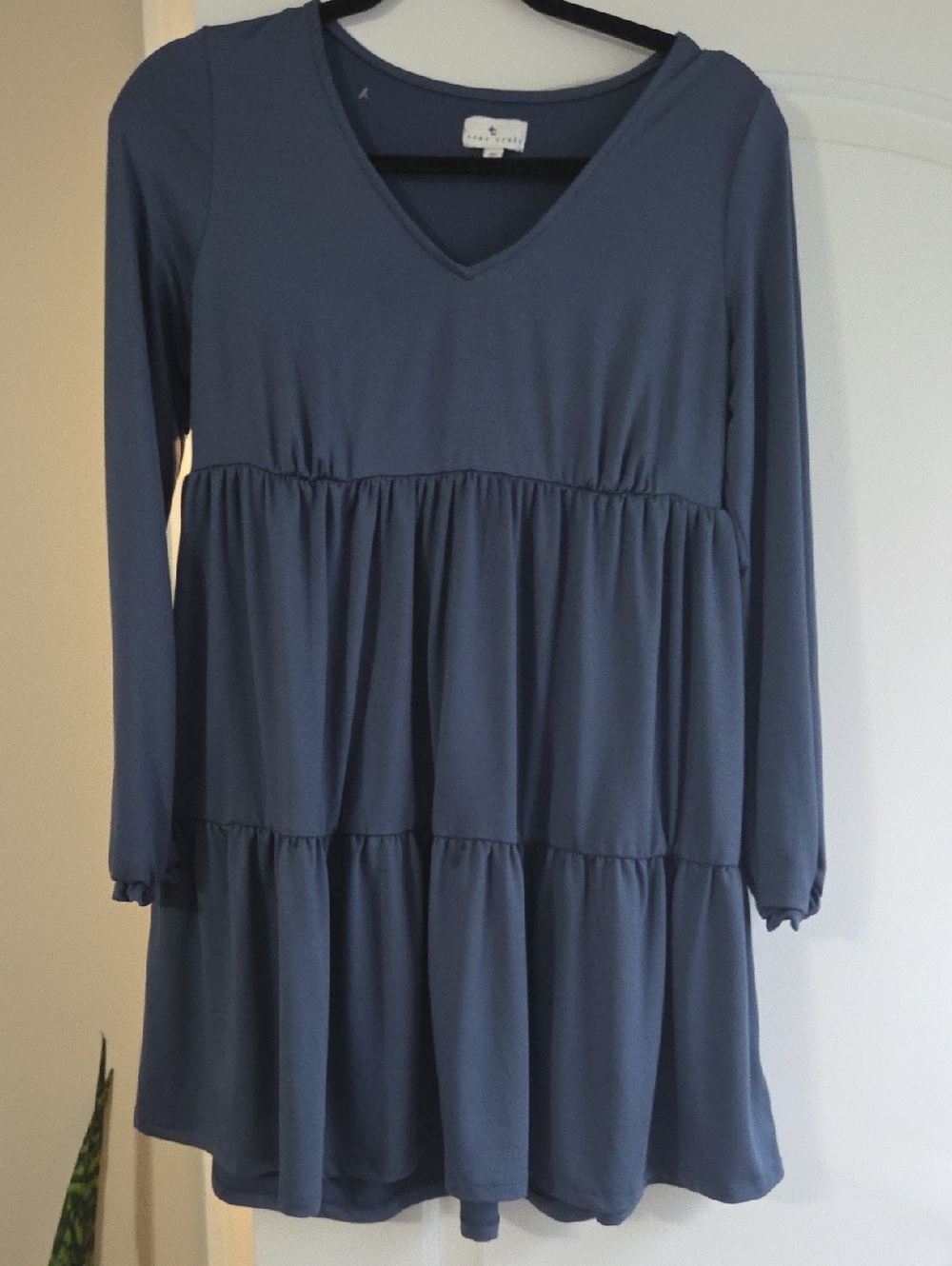 True Craft Slate Blue V-Neck Tiered Long Sleeve Tunic Dress